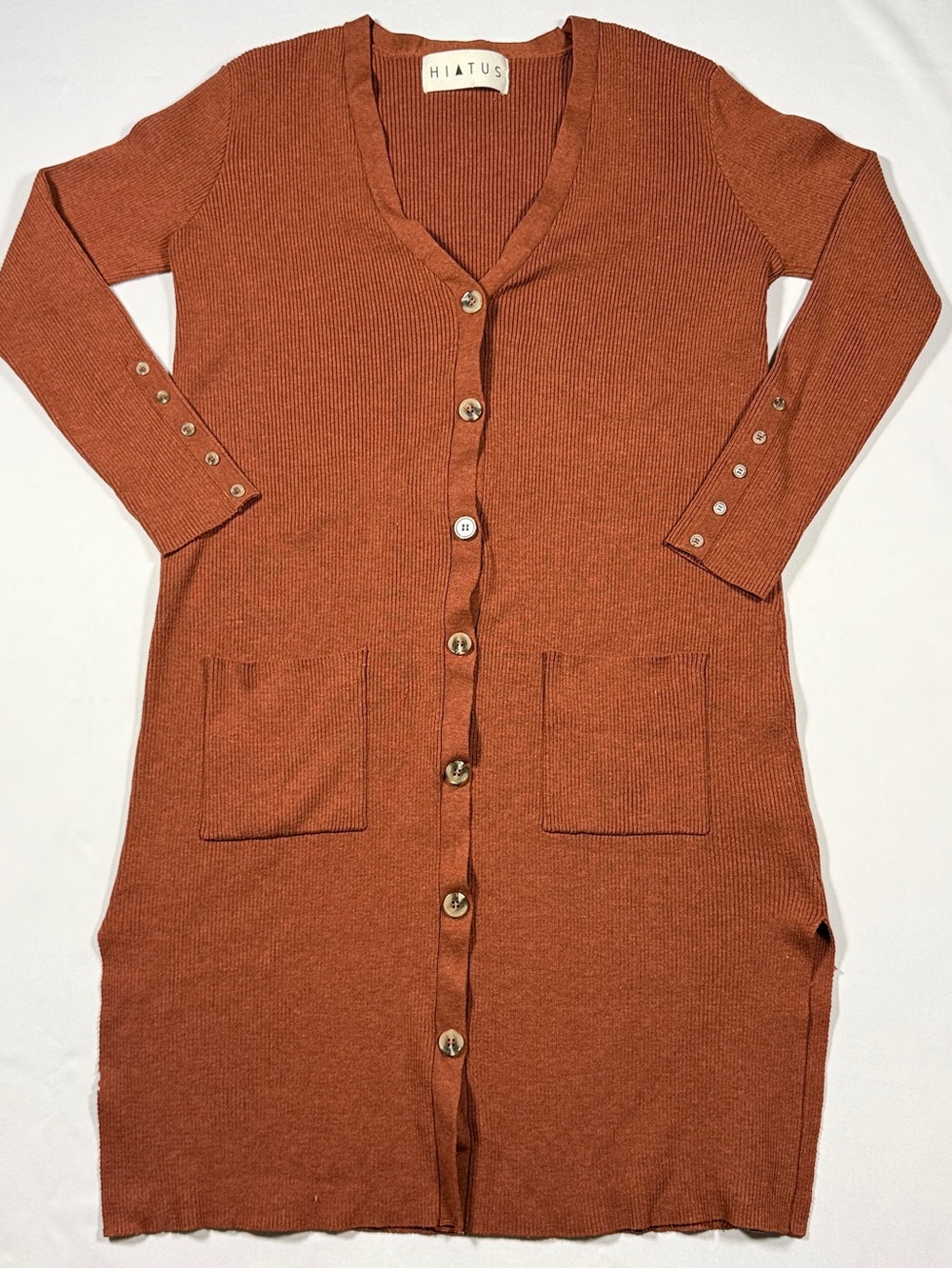 Hiatus Burnt Orange Ribbed Midi Duster Cardigan Sweater - Size Medium